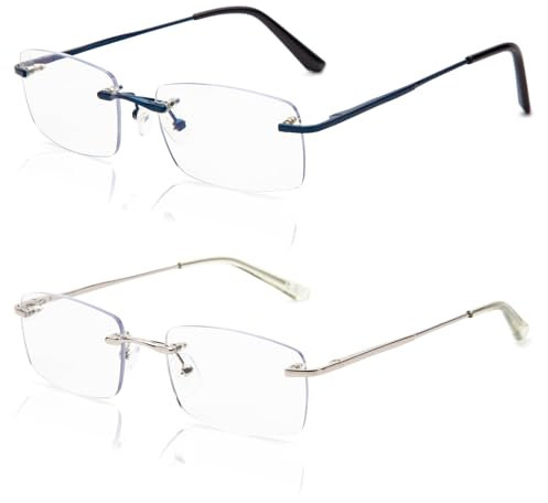Amorays 2 Pack Lesebrille Damen Herren Modern Ohne Rahmen mit Blaulichtfilter Entspiegelt 6001(Silber&Blau,+1.50)