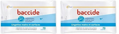 BACCIDE - Lingettes - Désinfectent les mains et les surfaces - Eliminent 99,9% des bactéries - Sachet 70 lingettes (Lot de 2)