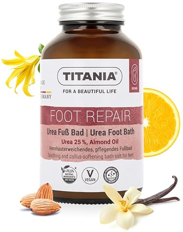 TITANIA Urea Fußbadesalz mit 25 % Urea für trockene Füße 270 g | Intensiv pflegendes Fußbad mit 25 % Urea & Mandelöl für trockene Haut und Hornhaut, Made in Germany