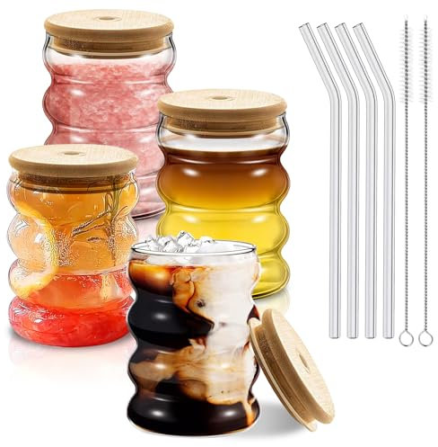 BORDEAG Bubble - Lot de 4 verres à latte macchiato - 350 ml - Verres à café avec couvercle et paille - Verres à long drink pour eau, lait, soda