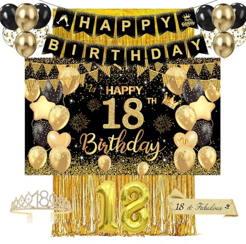 Deko 18. Geburtstag Junge & Mädchen – Schwarz Gold Geburtstagsdeko Set mit Happy Birthday Banner, Ballons und Party Zubehör – Perfekte 18 Geburtstag Deko