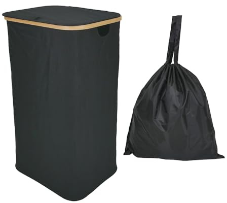 Libbi Lou Black Bamboo Laundry Basket Storage Hamper with Removeable Inner Bag | 100L | 43x32x75cm