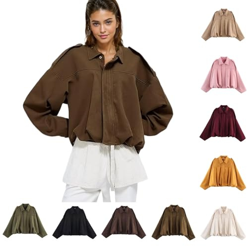 BVEBJDX Women's Faux Suede Jacket Lapel Pilot Coat Solid Color Bomber Jackets Zip Up Cardigan Casual Long Sleeve Outerwear Autumn Winter Lightweight Crop Jacket Vintage Suede Coat Y2K Streetwear