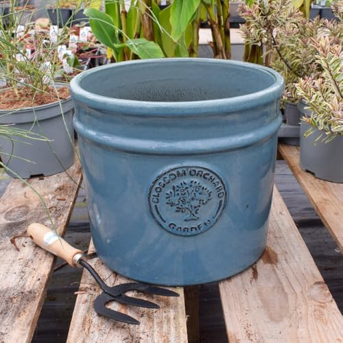 Bedwen 'Blossom Cylinder' Ceramic Plant Pot – 30cm Denim Blue Glazed Outdoor Pot for Garden & Patio