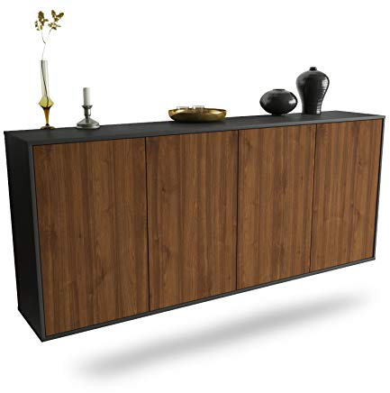 Dekati Sideboard Lakewood hängend (180x77x35cm) Korpus anthrazit matt - Front Holz-Design Walnuss - Push to Open