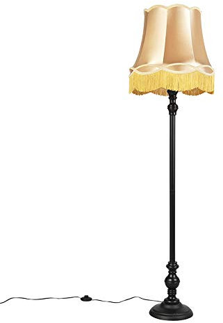 Qazqa - Klassisch I Antik Stehleuchte I Stehlampe I Standleuchte I Lampe I Leuchte schwarz mit Oma Schirm Gold I Messing - Classico I Wohnzimmer I Schlafzimmer - Textil Länglich - LED geeignet E27