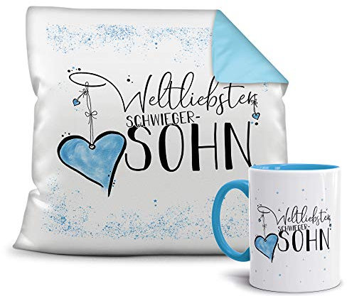 Geschenkset für den Weltliebsten Schwiegersohn - Tasse und Kissen - Himmelblau/Verwandte/Geschenk-Idee/Liebling/Familie