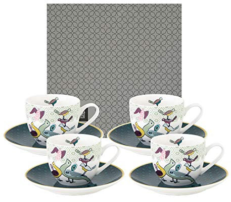 IMAGES D'ORIENT Birds of Paradise Espresso-Set bunt, 8-TLG, 4X Espresso-Tassen mit Untertassen, 90 ml, Porzellan, orientalisches Design mit geometrischen Mustern, inkl. Geschenk-Box