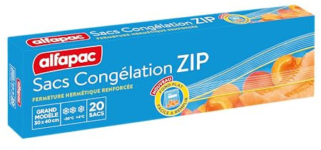 alfapac - Sacs Congélation à Fermeture Zip - Hermétiques & Réutilisables - Fabrication Française - Certifiés Origine France Garantie - Protecteurs & Conservateurs - 20 x 6L