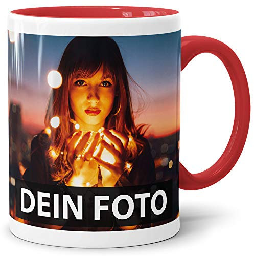 PR Print Royal Foto-Tasse zum selbst gestalten mit Foto und Text/mit individuellen Druck in Profiqualität/Personalisierte Geschenk-Idee mit Bild/Rot