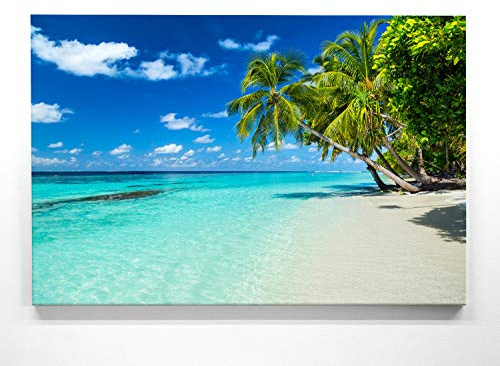 Atemberaubendes Bild Strand & Palmen am Meer - als 120x90cm große XXL Leinwand. Tolles Wandbild als Hintergrund und Deko für Wohnzimmer & Schlafzimmer. Fertig aufgespannt auf 4cm Holz-Keilrahmen