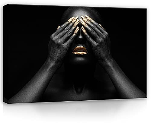 WallArena - Leinwand Bilder - Frau Lippen goldene Lippenstift Wand - 120x80 cm Leinwandbilder - Bild auf leinwand - Wandbild XXL groß Wandbilder für Wohnzimmer Schlafzimmer Wohnzimmerbilder Modern