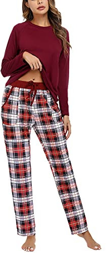 Uniexcosm Pyjama Femme Coton Long Ensembles de Femme Hiver Carreaux Col Ronde Manches Longues Pyjama pour Femme avec Poches Latérales Vin Rouge S