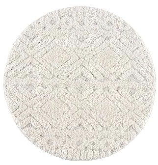 carpet city Teppich Wohnzimmer Hochflor Creme - 200 cm Rund - Rauten Hochtief-Muster, 3D-Effekt - Bettvorleger Schlafzimmer Teppiche Boho, Skandi