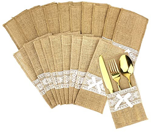 SHANMEI Jute Bestecktasche, 20 Stück Spitze Besteckbeutel Set, Vintage Besteck Sackleinen Besteckhalter für Hochzeitsdeko, Geburtstag Party, Tisch Dekoration
