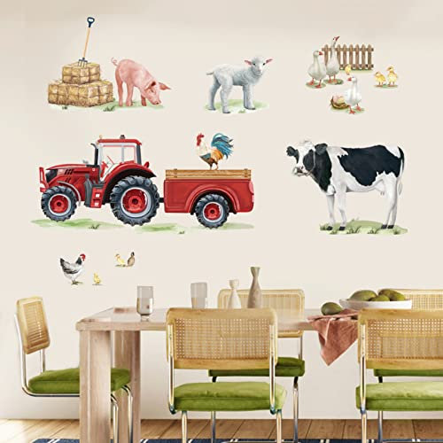 wondever Wandtattoo Bauernhof Kinderzimmer Wandaufkleber Traktor Rot Kuh Schaf Wandsticker Wanddeko für Küche Wohnzimmer Esszimmer