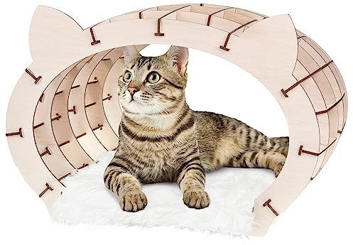 Katzen Haus Modellbau – Katzen Bett Holzpuzzle Erwachsene & Kinder – Holzhaus mit weißem Fell Katzen Höhle Rätsel Geschenkbox – 3D Puzzle für Kinder ab 14 Jahren & Erwachsene – EWA Eco-Wood-Art