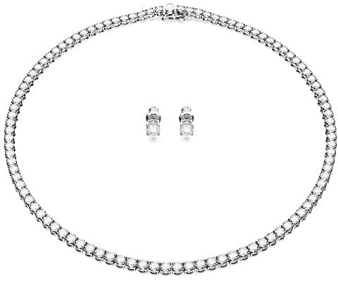 Swarovski Matrix Tennis Set, Rhodinierte Halskette und Ohrringe mit Strahlenden Weißen Swarovski Kristallen