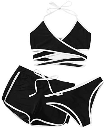 Kielsjajd Damen 3 Packe Bikini Sets Neckholder Badebode 3-Teiliger Swimwear Bikini Set Badehose mit Tropenmuster Damen Mehrfarbig Tankini mit Oberteile und Badeshorts Einfarbig Bikini Badeanzug