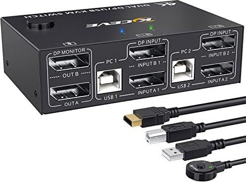 YOUTINGHDAV DP KVM Switch 2 PC 2 Monitores, 4K@144Hz Extended Display, Dual Monitor KVM Switch Displayport 1.4, USB KVM Switch 2 Monitores para 4 Dispositivos USB Teclado, Mouse, con DP y Cable USB