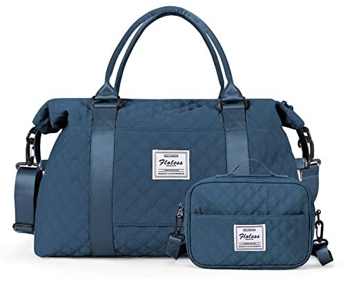 Reisetasche Damen Sporttasche Handgepäck Tasche,Weekend Bag mit Kulturbeutel&Nasstasche,Wasserdicht Schwimmtasche Travel Duffle Bag,Fitnesstasche Trainingstasche Frauen Tragetasche,Indigo