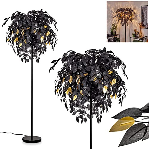 Stehleuchte Kallax, Stehlampe aus Metall/Kunststoff in Schwarz/Goldfarben, Standlampe mit Schirm in Blatt-Optik, Höhe 190 cm, mit Fußschalter am Kabel und Lichteffekt, 3 x E14, ohne Leuchtmittel