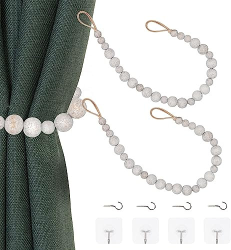 OCIOLI 4 Stück Holzperlen Vorhang Raffhalter Boho Vorhang Raffhalter Vorhang Halter für Wand Bauernhaus Vorhang Raffhalter Vorhang Raffhalter mit Haken Gardinenhaken (4, Weiß Gewaschen)