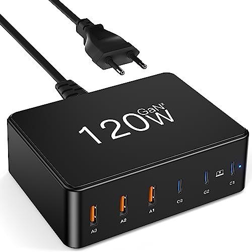 120W GaN 6-Port USB C Charging Station - 3 Type-C & 3 USB A Ports, Multiport Power Adapter for iPad, iPhone, Samsung, Android, MacBook