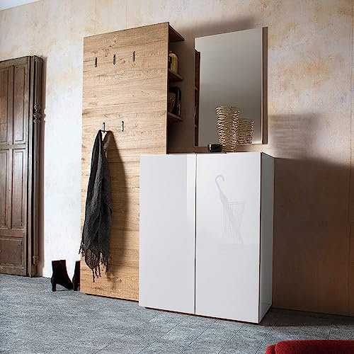 Lomadox Garderoben-Set mit ausklappbaren Kleiderhaken und Schuhkommode in weiß Hochglanz mit Eiche | Moderne Flurgarderobe