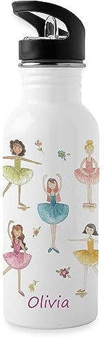 Tigerlilyprints Personalised Water Bottle with Straw, Ballet Design, White, Metal, 600 ml, Lightweight,
