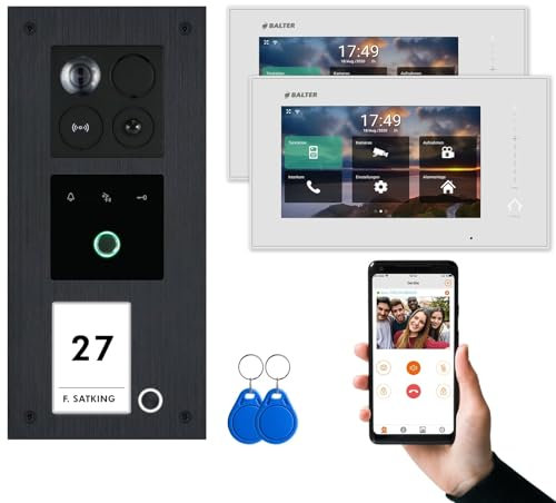 BALTER ERA Schwarz IP Unterputz Video-Türsprechanlage mit Fingerprint Set 1 Familienhaus (1x Türstation mit Full HD Kamera, 2x Touchscreen 7 WiFi-Monitor Weiß, Android & iOS APP, 2-Draht, RFID)