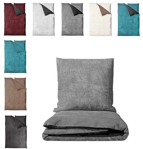 one-home Winter Bettwäsche Unifarben Teddy Plüsch Cashmere Touch Nicki Coral Fleece Flauschig Kuschelig Warm Weich, Farbe:Wende grau/schwarz, Größe:2 teilig 135x200 cm