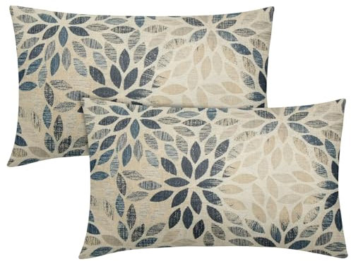 Lendenwirbel-Kissenbezüge, marineblau, cremefarben, 30,5 x 50,8 cm, 2 Stück, Sommerrost, geometrisches Blumenmuster, für draußen, dekorative Dekokissen, rustikale Kissenbezüge, Leinenkissen,