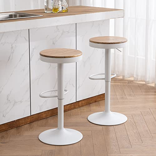 YOUNIKE Tabouret de Bar en Bois Lot de 2, Hauteur Réglable et Pivotant 360° avec Repose-Pied, Chaise Haute pour Bar, Cuisine, Comptoir, Montage Facile, Blanc