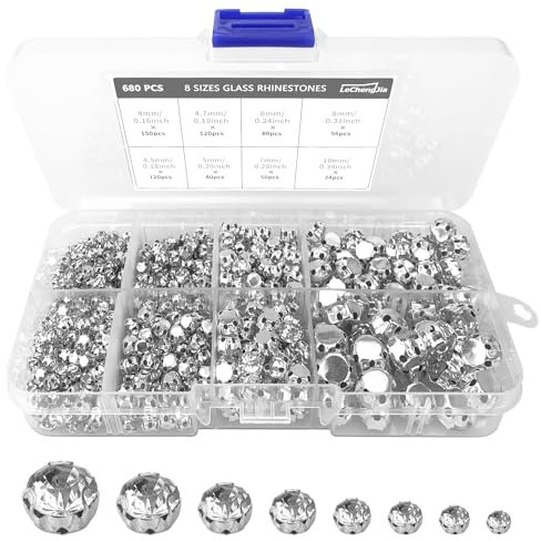 680 Pièces Cristal Strass à Coudre Strass Griffe en Verres 4 à 10 mm Strass Flatback en Verre Strass Annelé Transparent pour Artisanat, Bijoux, Vêtements, Costume, Chaussures, Taille Mixte