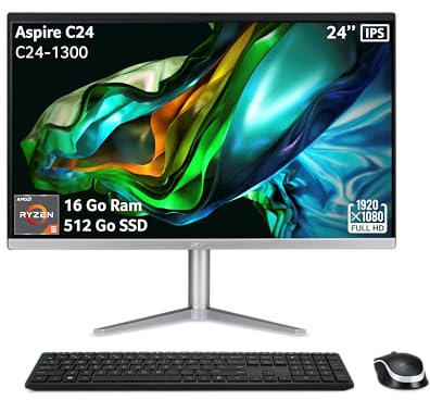 Acer Aspire C24-1300, All-in-One PC 23.8 Full HD IPS (AMD Ryzen 5 R57520U, RAM 16 Go, SSD 512 Go, AMD Radeon Graphics, Windows 11 Famille),PC Tout-en-Un + Clavier et Souris, Couleur Argent