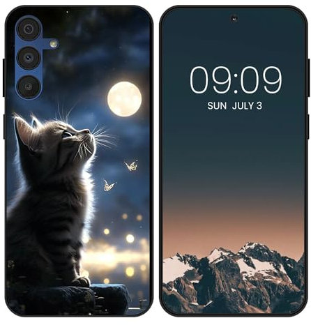 WUACYEAMING für Samsung Galaxy A15 5G Hülle,Mode Schutzhülle Schwarz Handyhülle mit Aesthetic Muster Weich Silikon Dünn TPU Stoßfeste Kratzfest Schutzhülle Cover-Der Mond und die Katze