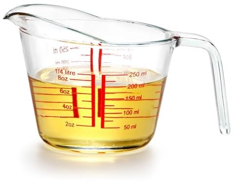 NUTRIUPS Vaso medidor de vidrio de 250 ml, boquilla elevada para verter fácilmente el vidrio medidor, transparente con medidas rojas