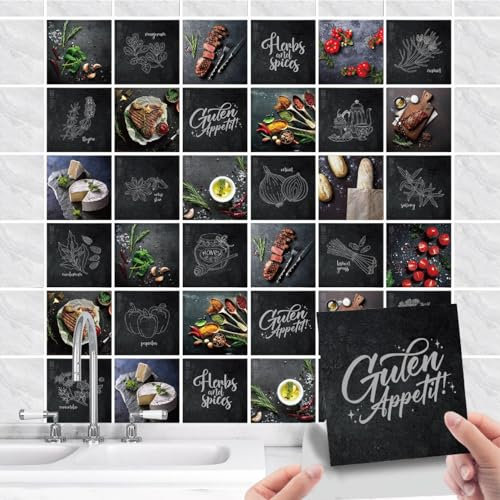 36 Stück Fliesenaufkleber Küche Selbstklebende - Küchenrückwand Fliesenfolie PVC mit Essen Spruch - Wasserdicht Ölfest Quadratisch Fliesensticker für Wand-fliesen Schrank Möbel Dekorative (10X10cm)
