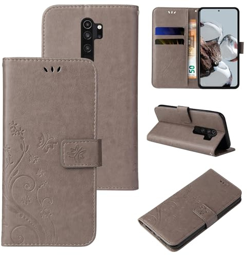 LBH Handy Hülle für Xiaomi Redmi Note 8 Pro Case Handytasche Schmetterling Blumen Flower Standfunktion Schutzhülle Magnet Rundum Schutz 360 Grad Flipcase Cover Grau