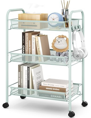 APEXCHASER 3-Tier Rolling Cart,Easy Assemble Mobile Storage Trolley On Wheels,Slide Out Utility Cart Shelving Units Kitchen Bathroom Laundry Room,Green