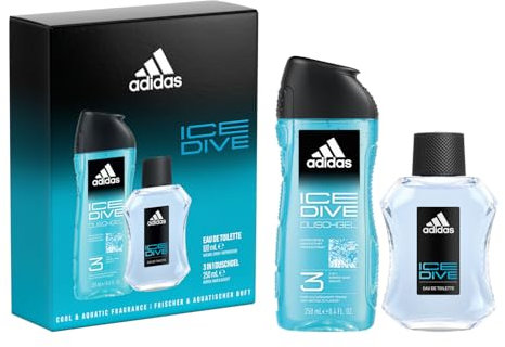 adidas Ice Dive Geschenkset mit Eau de Toilette 100 ml und Duschgel 250ml, belebend-aromatischer Zitrusduft für Männer, 100 ml und 250 ml