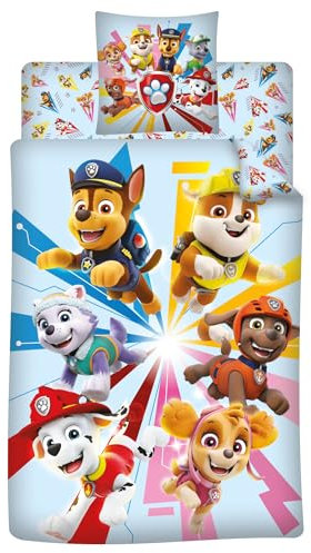 Aymax Parure de lit 3 Pièces Pat' Patrouille - Housse de Couette 140x200 cm + Taie d'oreiller 63x63 cm + Drap-Housse Assorti 90x190 cm, avec Ruben, Stella, Everest, Chase, Marcus, Rocky et Zuma