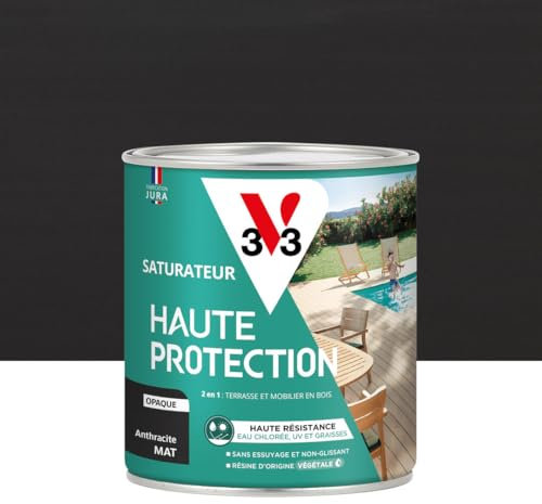 V33 Saturateur bois extérieur Anthracite mat - Pour terrasses et mobilier de jardin - Haute résistance eau chlorée, UV et graisse - Sans essuyage et non glissant - Résine d'origine végétale - 0,75L