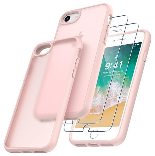 Niphabe Coque Compatible avec iPhone SE 2022/2020/7/8 avec 2 Verre Trempé, Anti-Jaunissement Dur PC Housse Anti-Rayures Protection Case Antichoc Coque avec Bumper TPU Case 4,7 -Rose