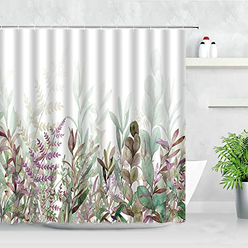 Rideau Douche Vert Feuille Violette Rideau de Douche Polyester Rideaux de Douche Impermeable Rideau de Douche Anti Moisissure Rideau Baignoire Lavable Rideau Douche Tissu 200x220cm
