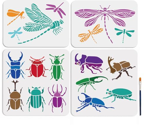MAYJOYDIY 4 Pcs Pochoirs insectes Pochoir de libellule dragonfly 30×30cm/29.7×21cm avec Pinceau Pochoirs insecte scarabée Modèles Réutilisables pour Murs Meubles Tissu Bois Toile