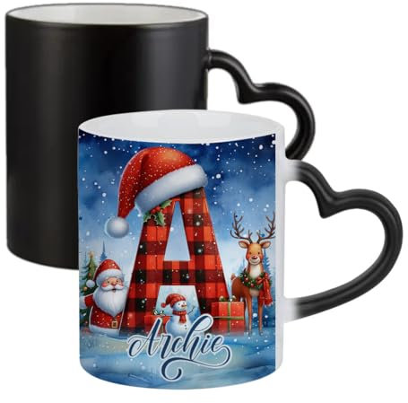 Getagift Personalised Christmas Alphabet Letter, Initial with Name, Xmas, Secret Santa Alphabet, Ceramic Heart Handle Mug, Colour Changing, Magic Mug.
