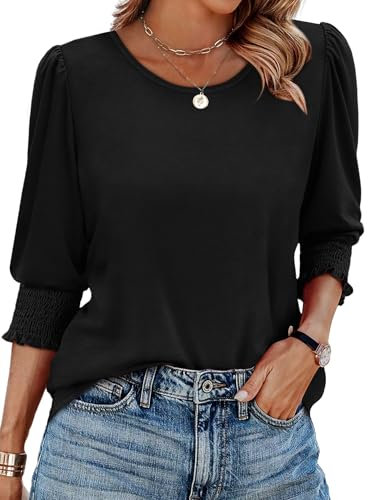 Aokosor Womens Tops 3/4 Sleeve T Shirts for Women UK Crew Neck Tunic Womens Blouses Ladies Tops Size 22-24 Black