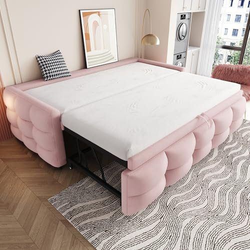 A ALFRESCOOL Polsterbett Ausziehbares Schlafsofa 90/180 * 190cm, Puffbett, Teddy Samt Stoff, Einzelbett, Doppelbett, Mit Lattenrost, Multifunktionsbett, Rosa